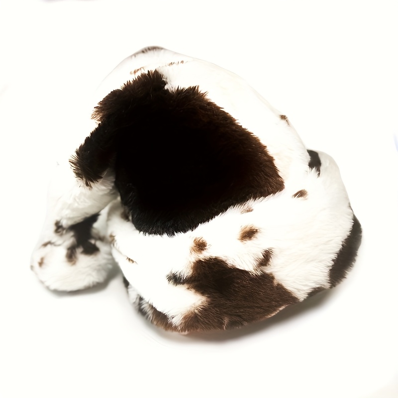 TEMU Cozy Plush Hat For Adults - Soft Faux -like Texture (realistic Brown/white Cowhide) With White Fur Trim, Fluffy & Hoof Label - Hand Washable Cow