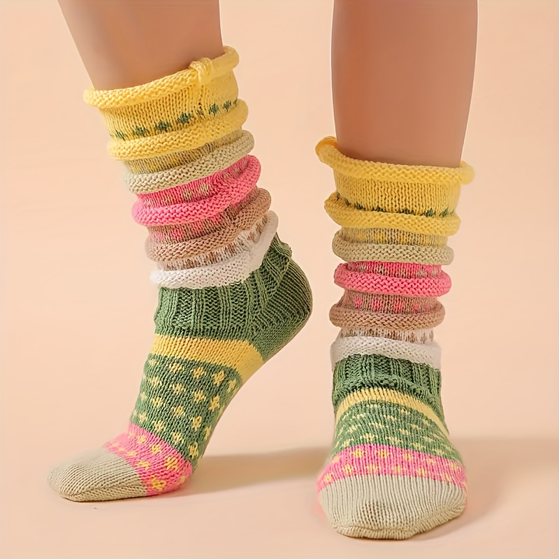 1 pair womens winter warm cable like jacquard striped socks soft pile floor ankle calf no binding multicolor   green yellow white grey   dress boots compatible hand   clean Product details 2