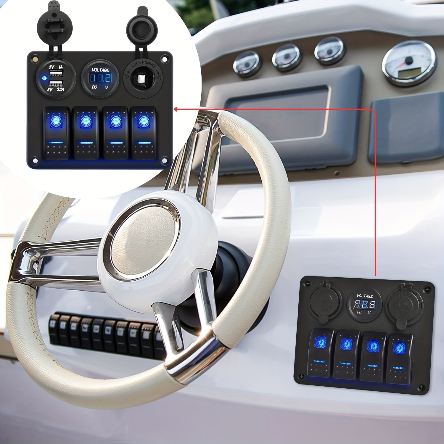 TEMU - 90117g Rocker Switch Panel Pre-wired Aluminum Switch Panel With Dual Usb Car Plug Socket Voltmeter12v-24v On Off Switch Panel For Cars Rvs Trucks For Christmas Gift , Blue