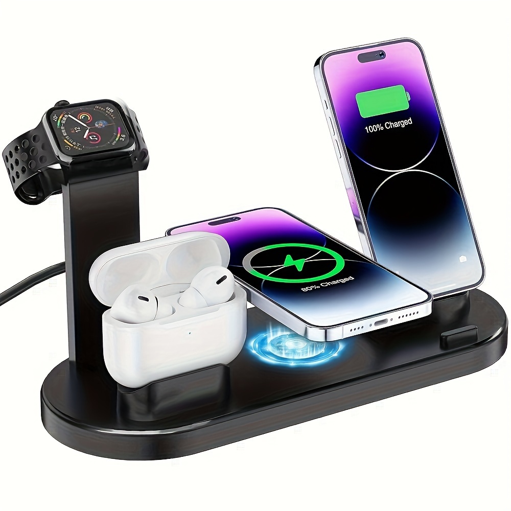 6 in 1 15w wireless charger for fast charging is suitable for iphone iwatch   which can charge 4 phones and one earphone simultaneously there is a stand with watch charging made of abs suitable for desktop work learning and drama use details 6