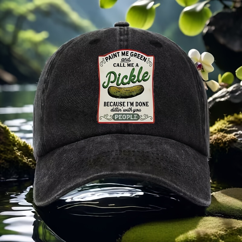 

Women's Pickle & Letter Baseball Cap, Solid Washed Vintage Dad Hat, Adjustable Cotton Golf Sun Hat, Breathable, Snap Closure, Non-stretch, Cartoon Theme, Fits All