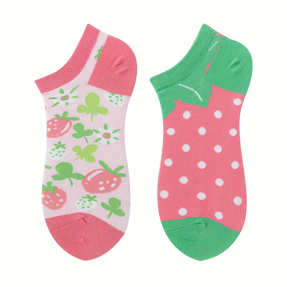 1 Pair Of Spring/summer Sober And Fashionable Asymmetrical Strawberry-patterned Short Socks, Comfortable And Cute