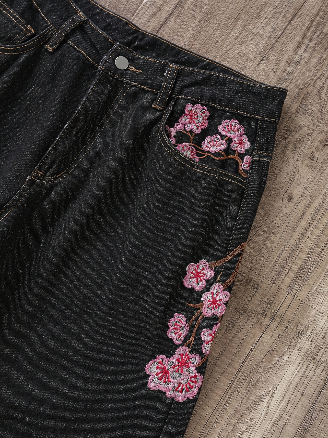 Men's Embroidered Black Jeans with Sakura Design