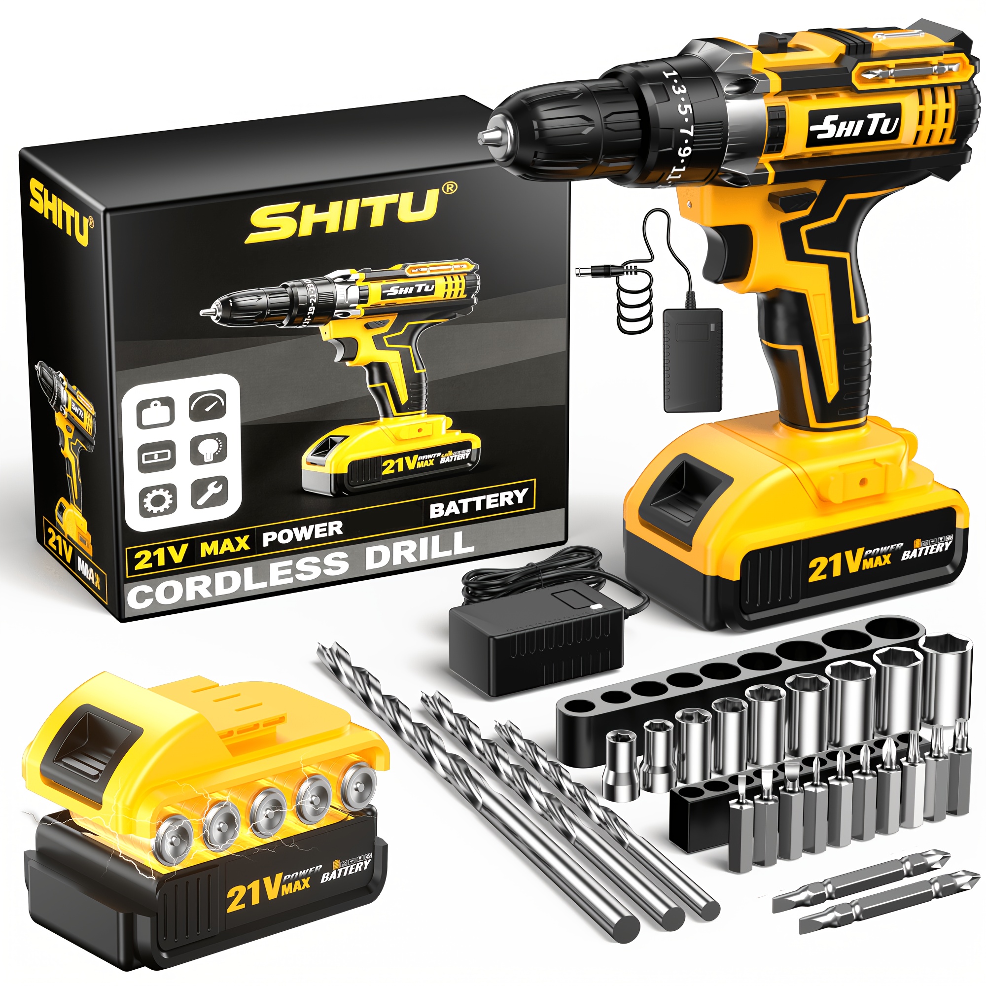 TEMU 2026 21v Cordless Drill Kit|optional Tool Box|fast-charging Rechargeable Electric Drill Set With 2.0ah Batteries, Portable Drill Driver Kit With