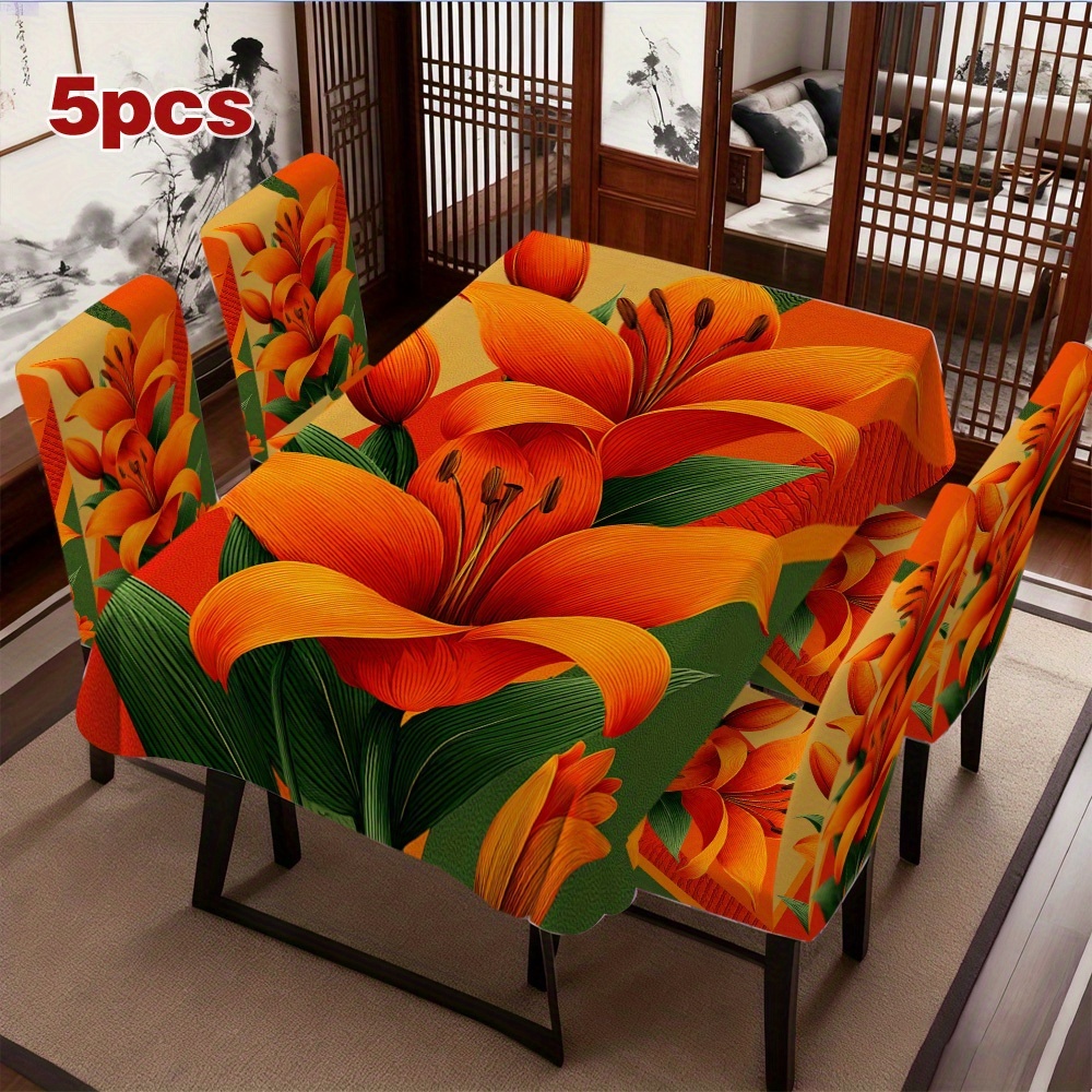 TEMU 2d Flat, Lilies Pattern Tablecloth And Chair Cover Set, Rectangular Table Decor, Beautiful And Reusable, Suitable For Home, Party And , 2d Flat