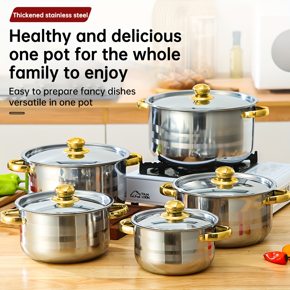 

Set Of 5 Stainless Steel Cookware With , Soup Pot Combination, 5-piece Cookware Set, Cooking Pot, Soup Pot, Cookware Set With Lid, Cookware, Cooking Utensils, Kitchen Tools, Ideal For Gifting