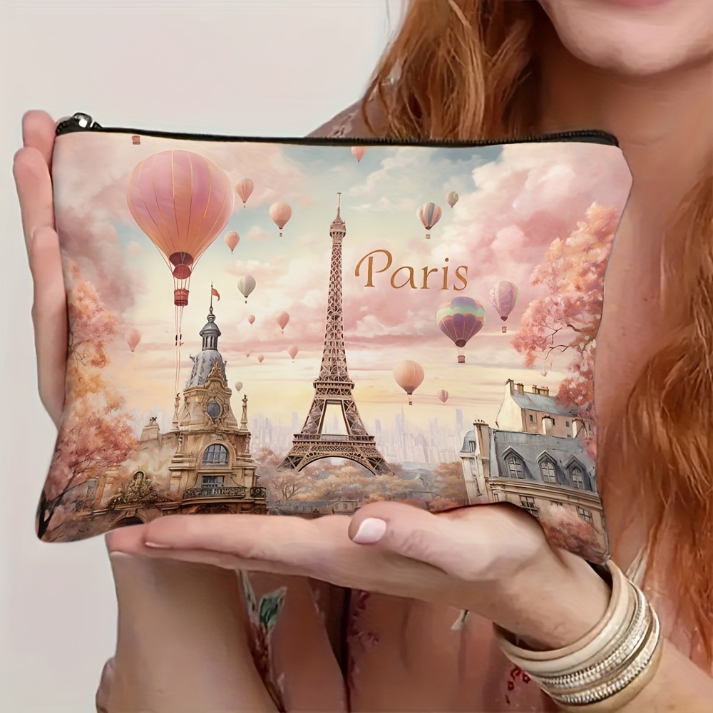 TEMU Neceser de maquillaje elegante de estilo francés con Eiffel y aerostático - Bolsa de cosméticos beige con cremallera para viaje, oficina y -