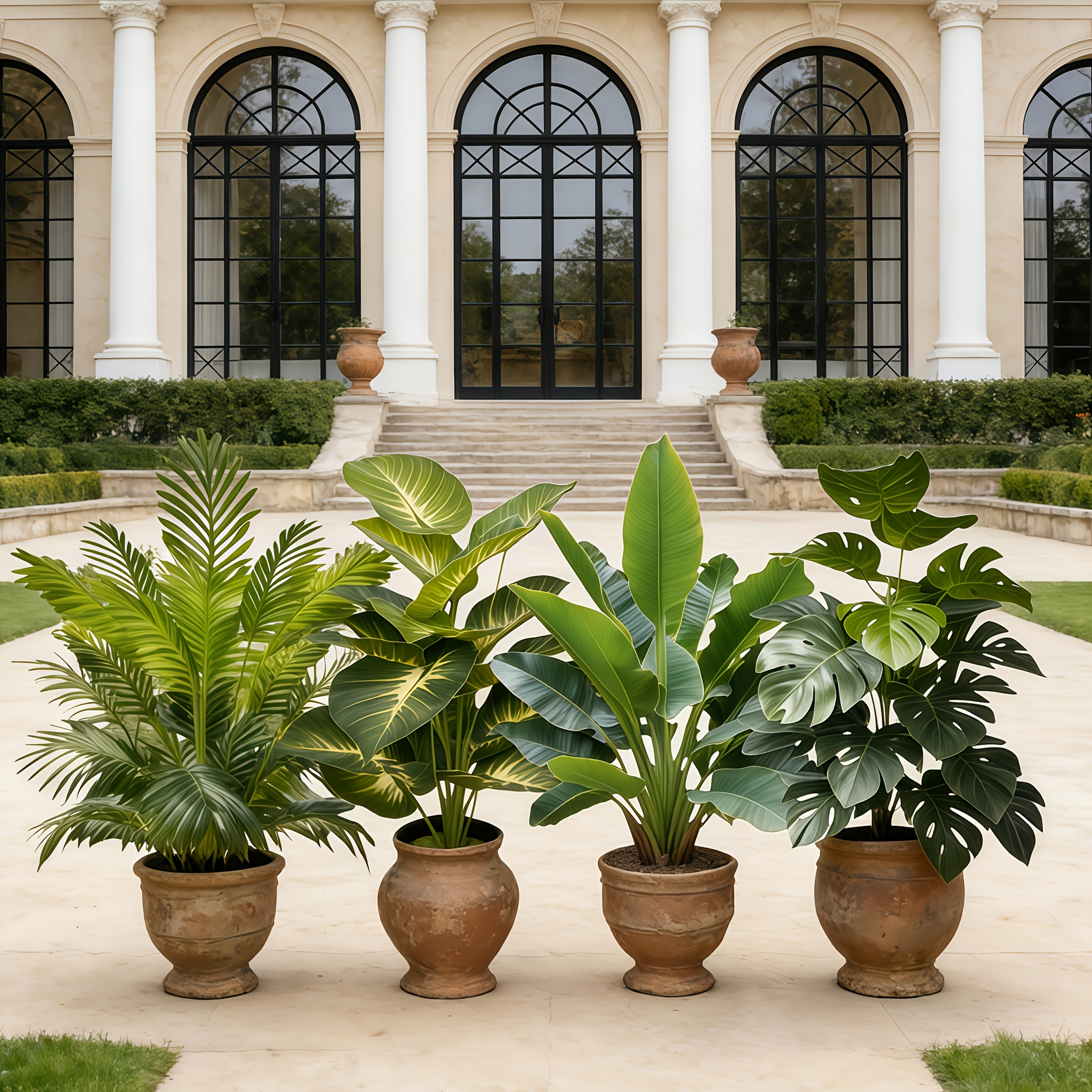 4pcs Set - Includes 48 Large Leaves of Large Outdoor Artificial Green Plant Loose Palm Tree Combo - DHOEM Wedding Garden Modern Decoration, Maintenance-Free Four-Season Evergreen Wealth Tree Artificial Plant | Pothos Evergreen Potted Plant, Nordic