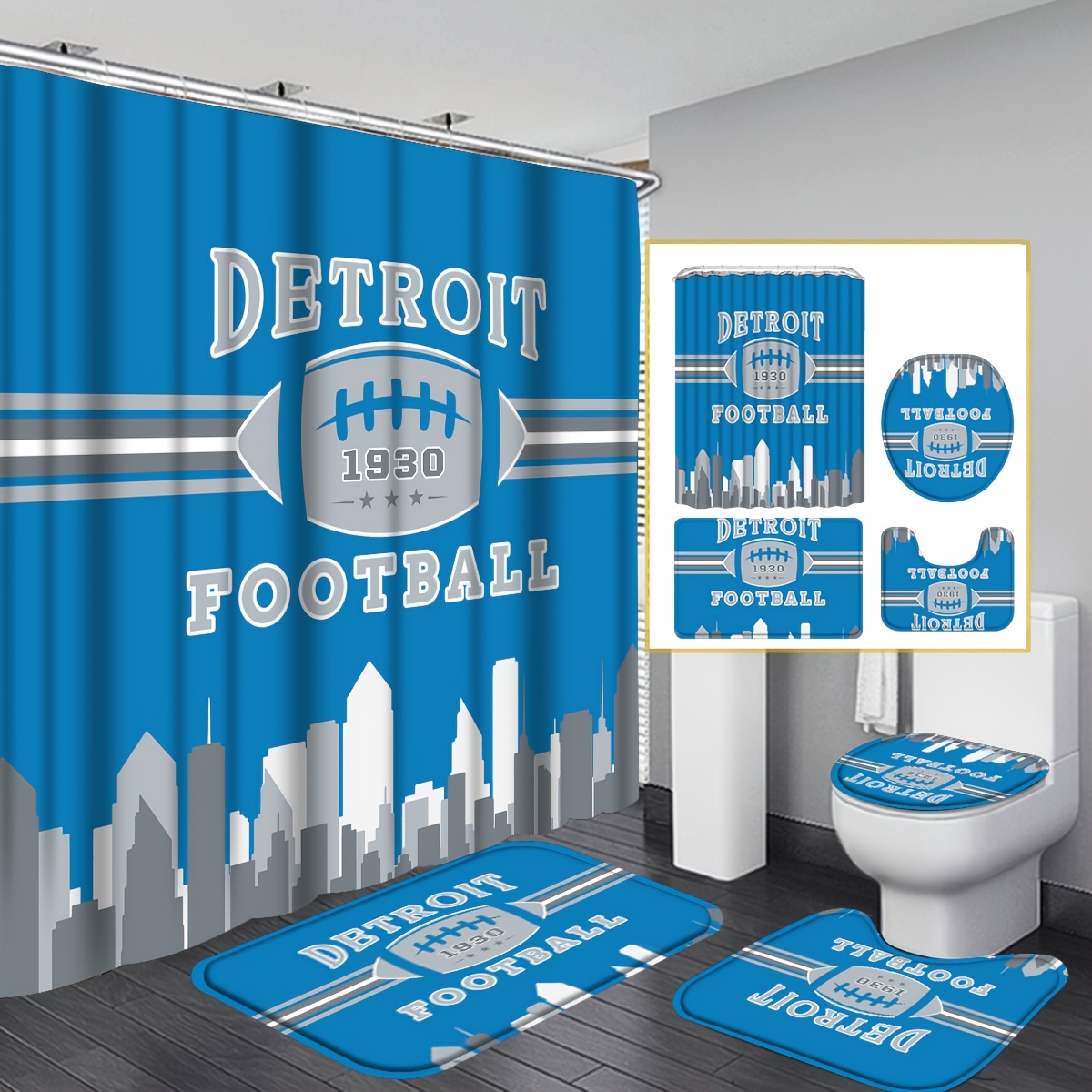 TEMU 1930 Est.football Team Shower Curtain - Gift Bath Curtain - 4pcs Bath Drape Set With Non-slip Rugs, Toilet Mat, Toilet Seat Cover, Detroit -themed Bathroom Decor
