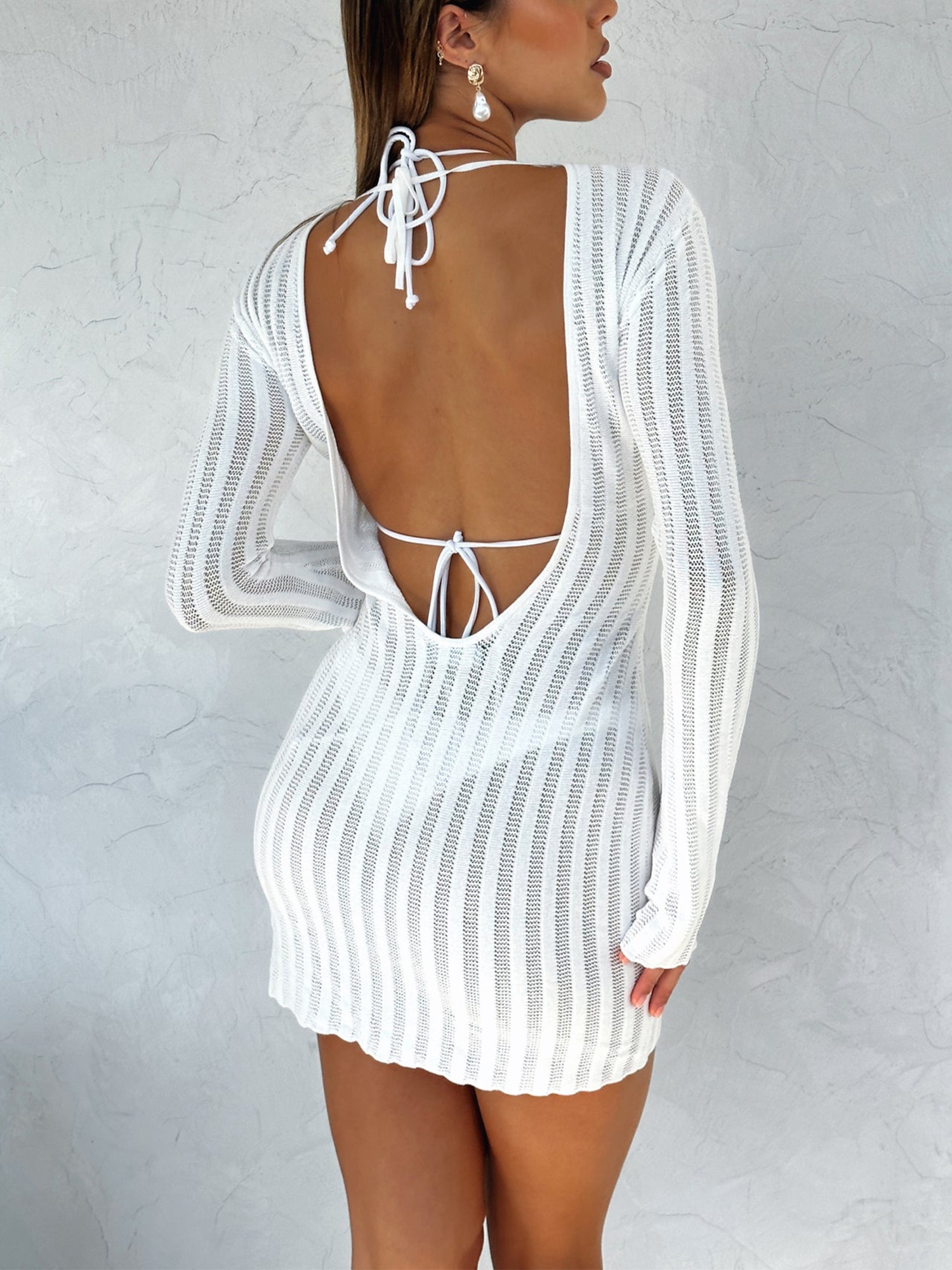 women knit mini dress long sleeve backless solid color - Temu
