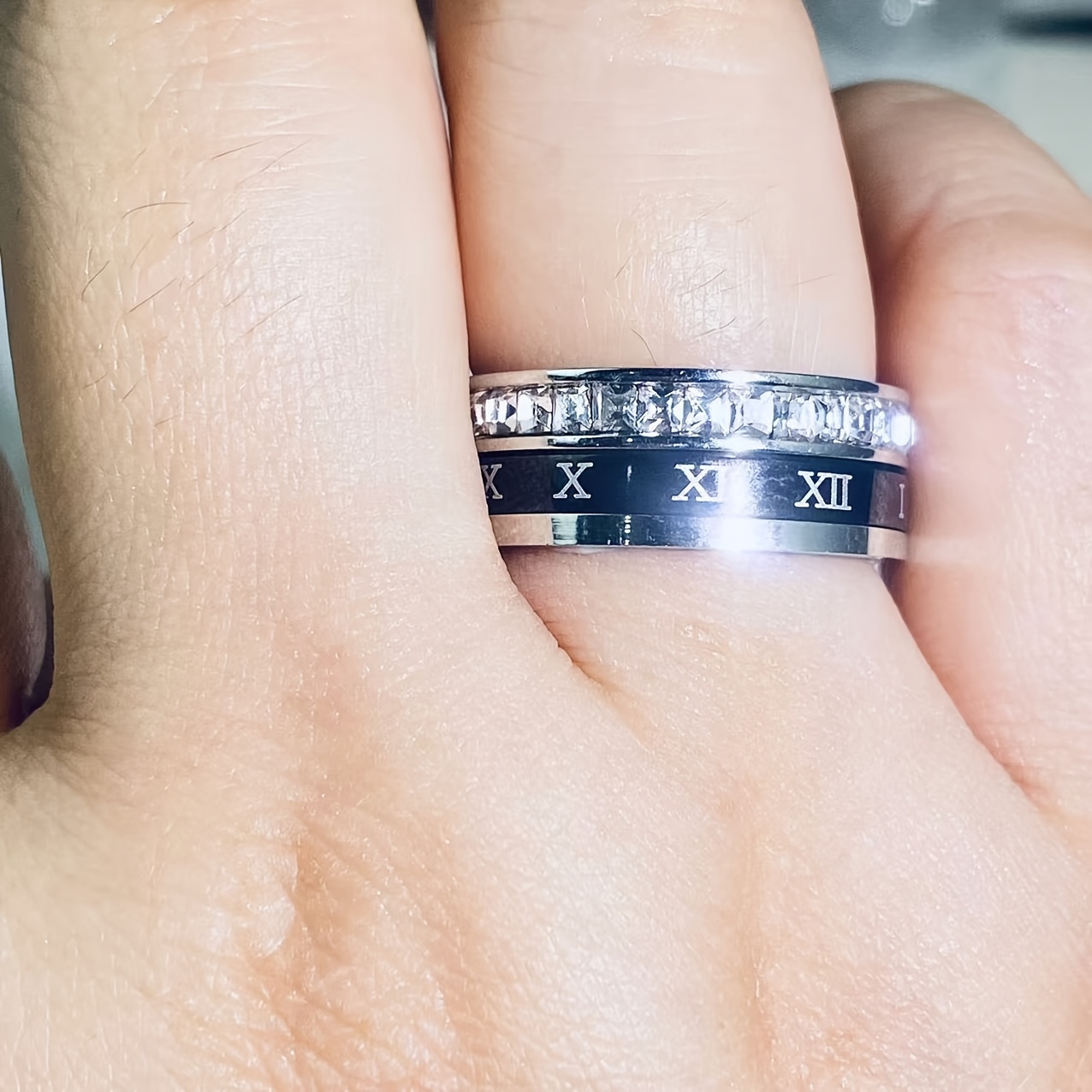 personalized anniversary wedding birthday ring custom roman   vi ix xii engraved name date rotatable band durable stainless steel jewelry gift for women men   valentines christmas present affordable   wedding jewelry synthetic stone embellishments holiday keepsake stylish accessory     mens jewelry Product details 0