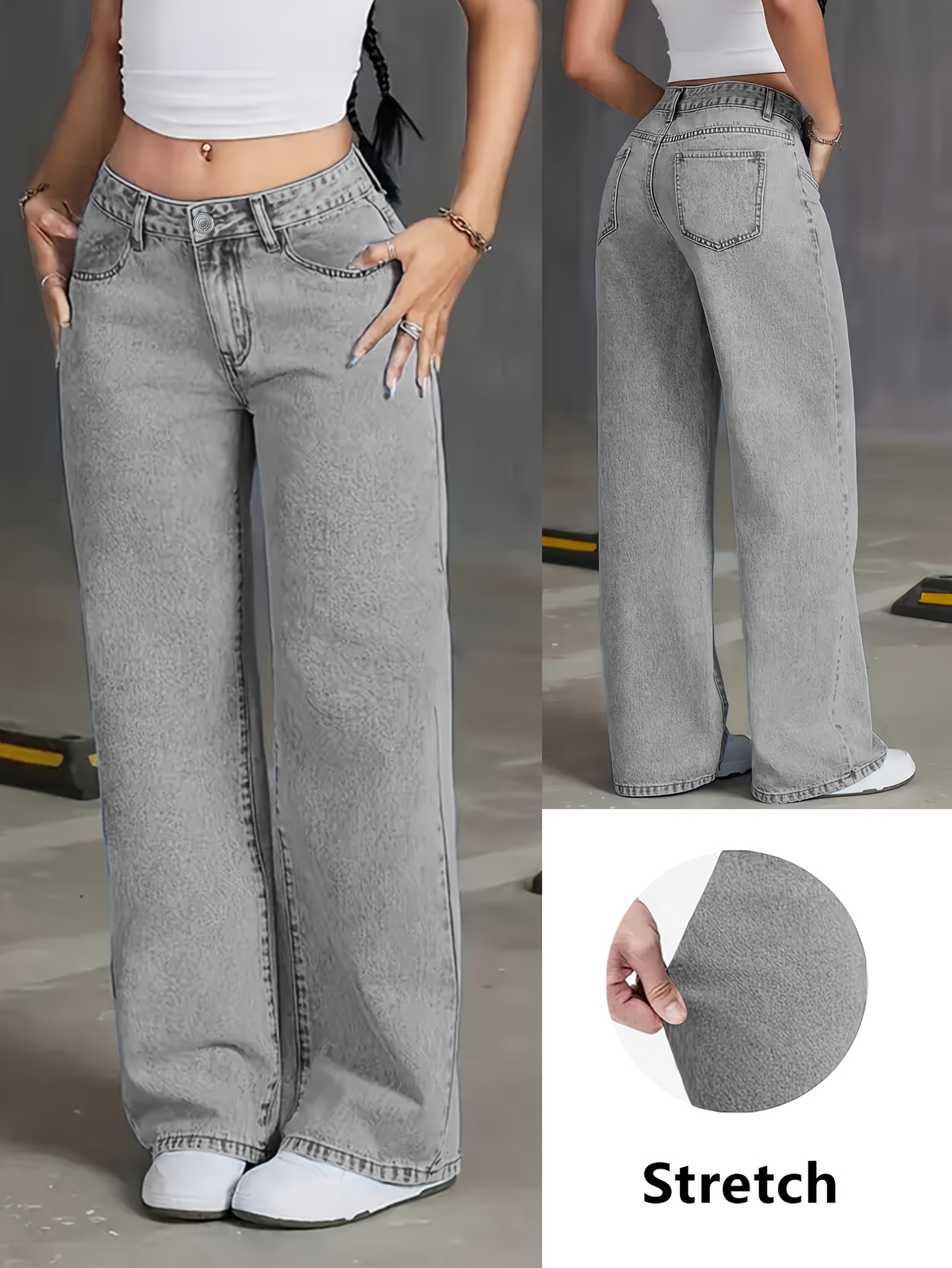 Jean Large Femme Gris Délavé DK85608 X Y2K Jean Grey Washed Taille Haute Jambes Larges - Denim Femme Ample Rétro Années 90, Légèrement Extensible Style Street Casual