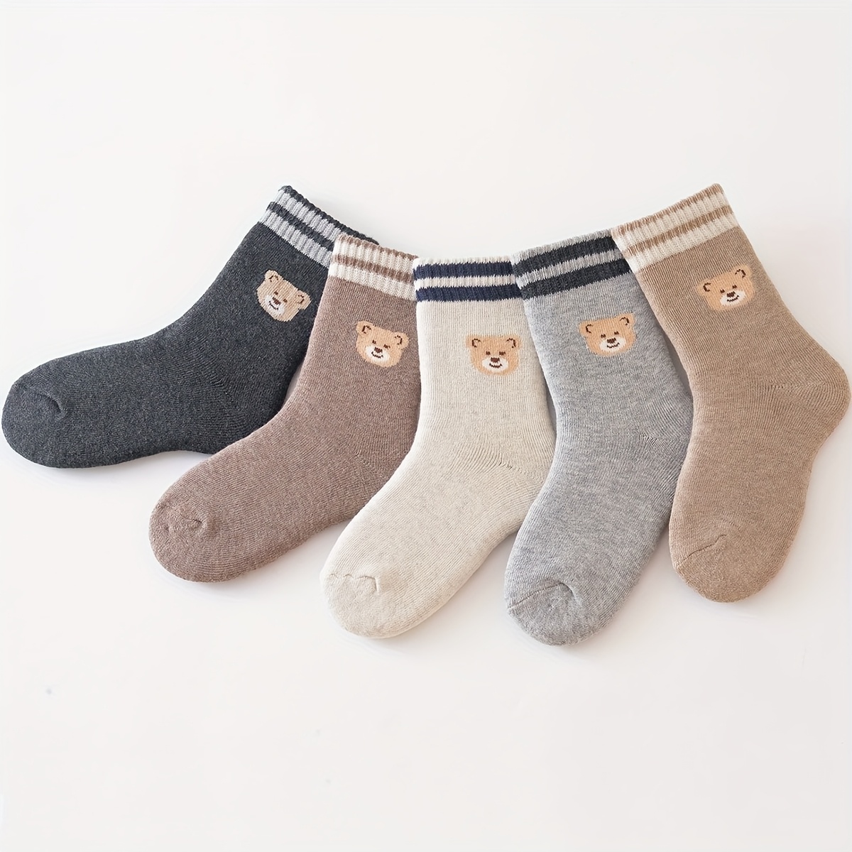 TEMU 5-pair Children's Winter Thickened Terry Cloth Mid-calf Socks, Fashionable And Versatile With Bear Pattern, Suitable For Boys And Girls