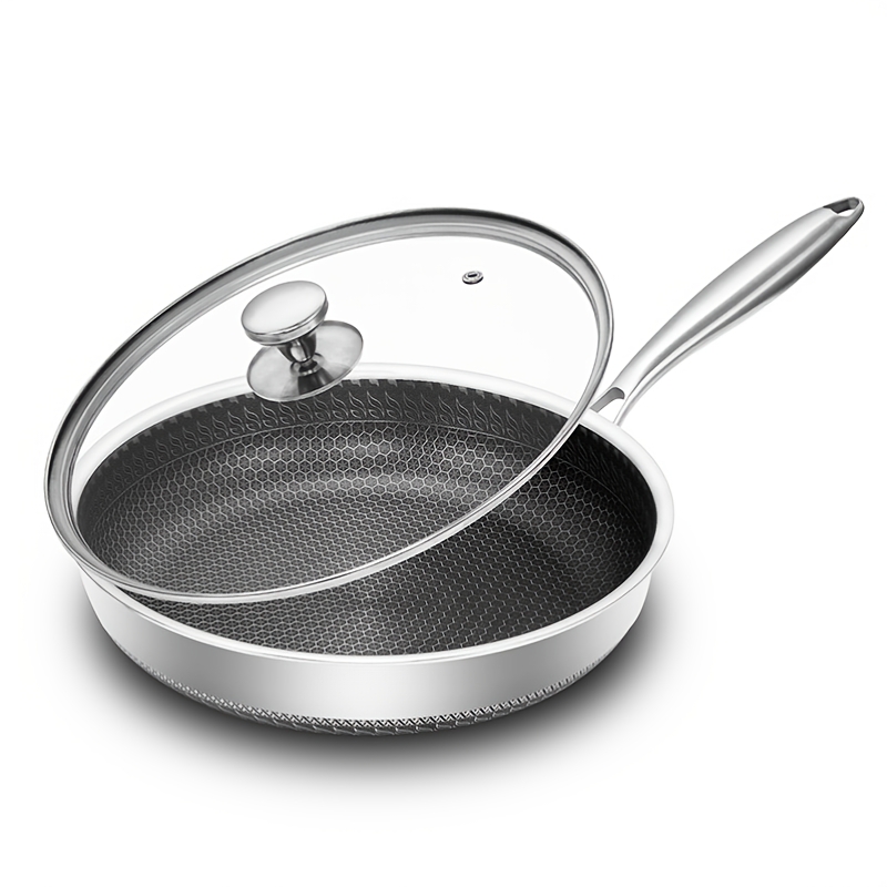 TEMU Frying Pan, Stainless Steel , Sus 316 Food-grade Stainless Steel, Honeycomb Texture, Coating, 30cm Diameter, Includes Lid