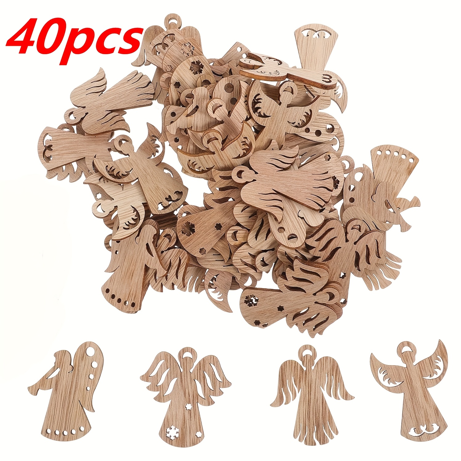 Image of 40-pack Wooden Vintage Hollow Shaped Wood Pieces Decorations, Suitable For Handmade Decor, Halloween, Thanksgiving, Christmas Wedding And Rustic Home Party Decor, Holiday Pendants, Hanging Decorations