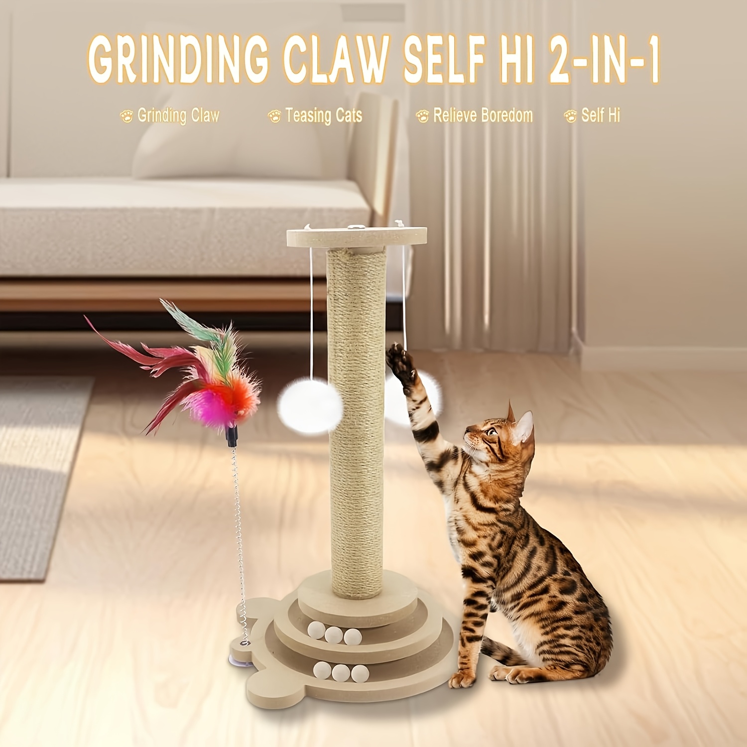 TEMU Interactive Cat Scratching With Jute, Ball Track - Durable Multi-functional Self-entertainment Cat Scratch Board, No Battery Needed, Cat Toys,