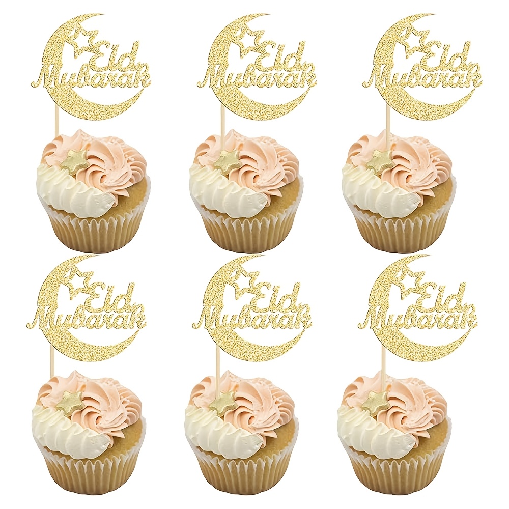 24pcs Golden Glitter Cupcake Toppers Happy Eid Ramadan Kareem Cake Decorations Party Supplies Decorations