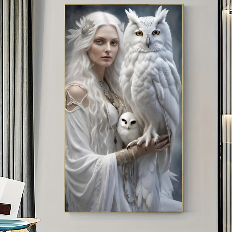 

Diy 5d Diamond Painting Kit - White-coated Woman & Owl, Round Acrylic Gems, 20x43in - Sparkling Mosaic Craft For Home Wall Decor