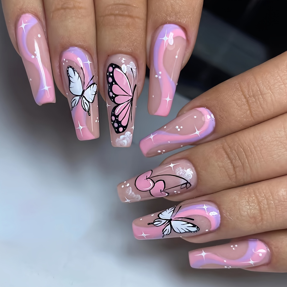 TEMU 24pcs Ongles Pressés Longs de Ballet avec Papillon, et Rayures, Finition Brillante - Inclut Colle en Gelée et Bandes de pour Usage , , Convient