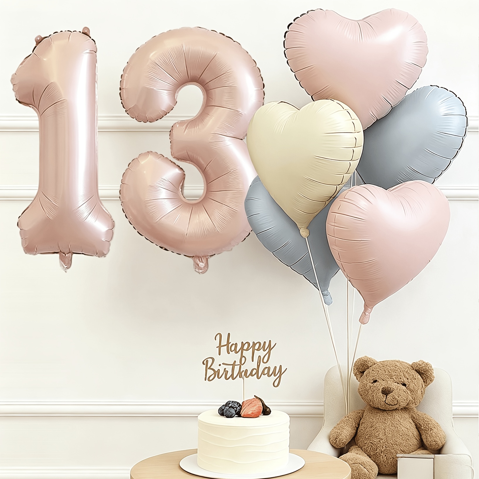 TEMU 9pcs Large Pink Number And Pink-blue-white Heart Balloon Set - Includes 32-inch Pink Numbers 11~19 (optional), 18-inch Pink, Blue, And Cream