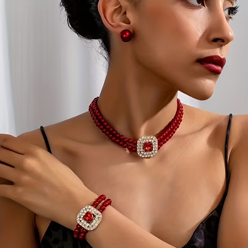 Image of 1 Pair Earrings And 1pc And 1pc Necklace, Elegant Luxury Irregular Square Heart-shaped Bead Women's Jewelry, Suitable For Vacation Wear Valentine's Day Mother's Day Gifting
