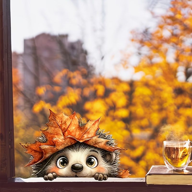 TEMU Adhesivo de ventana de 1 pieza con erizo asomándose y hoja de de otoño, adecuado para decoración de otoño en salas de estar, dormitorios,