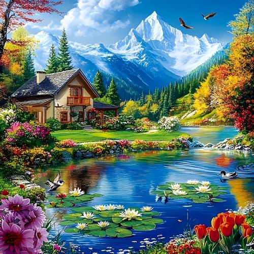 1pc diamond painting kit mountain landscape greenery lake complete with pre printed canvas round diamonds