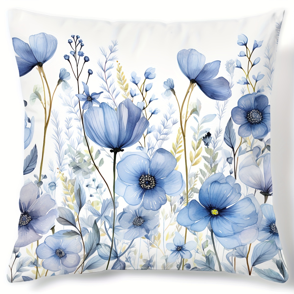 

1pc, Contemporary Style Blue Floral Pattern Digital Print Pillow Cover, Decorative Cushion Case, 18x18 Inches, Zippered, Home Decor