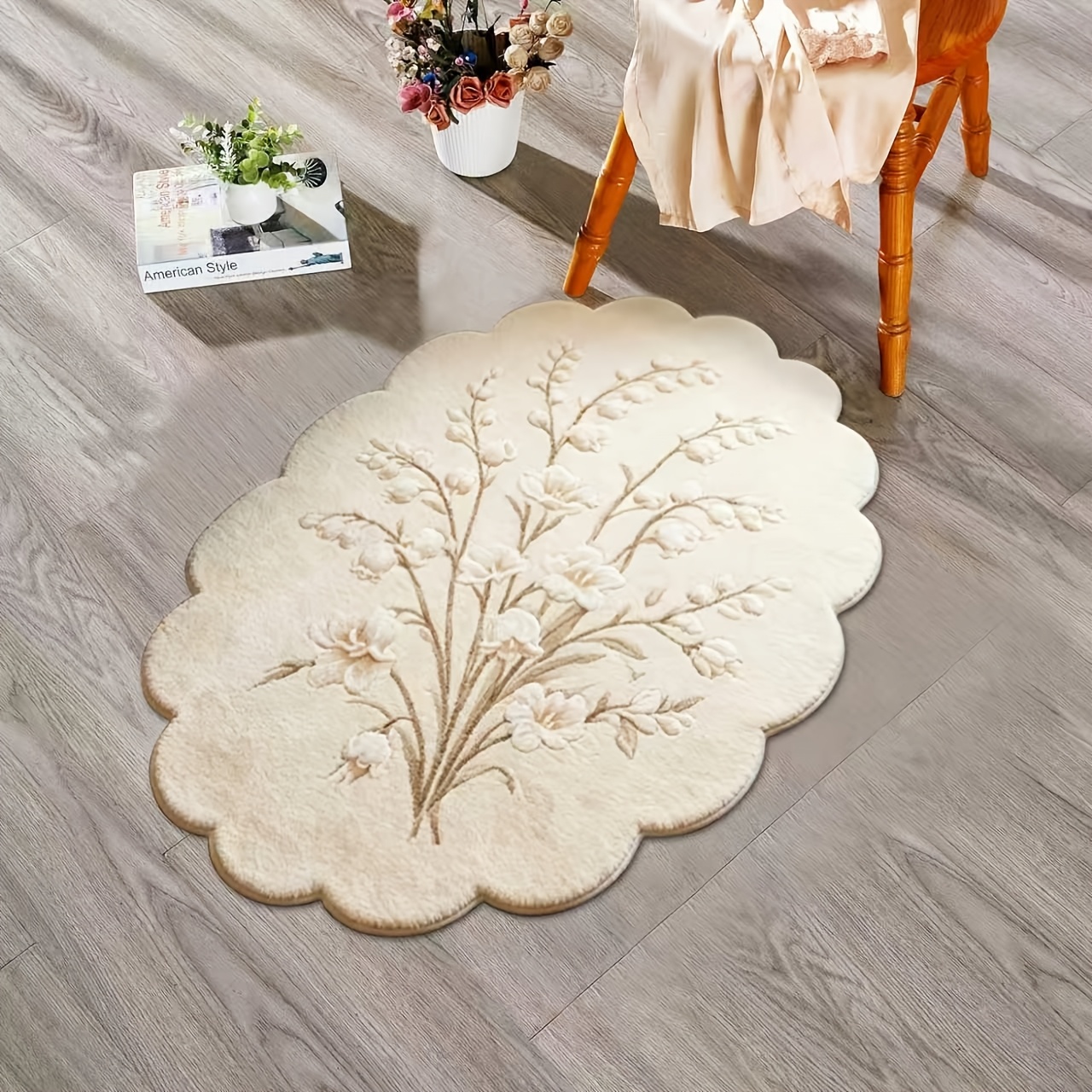 TEMU 1pc Cream Style Floral Rug European Irregular Non-uniform Carpet Living Room Decor Sofa Carpet Bedroom Bedside Fluffy Soft Carpet Anti-slip