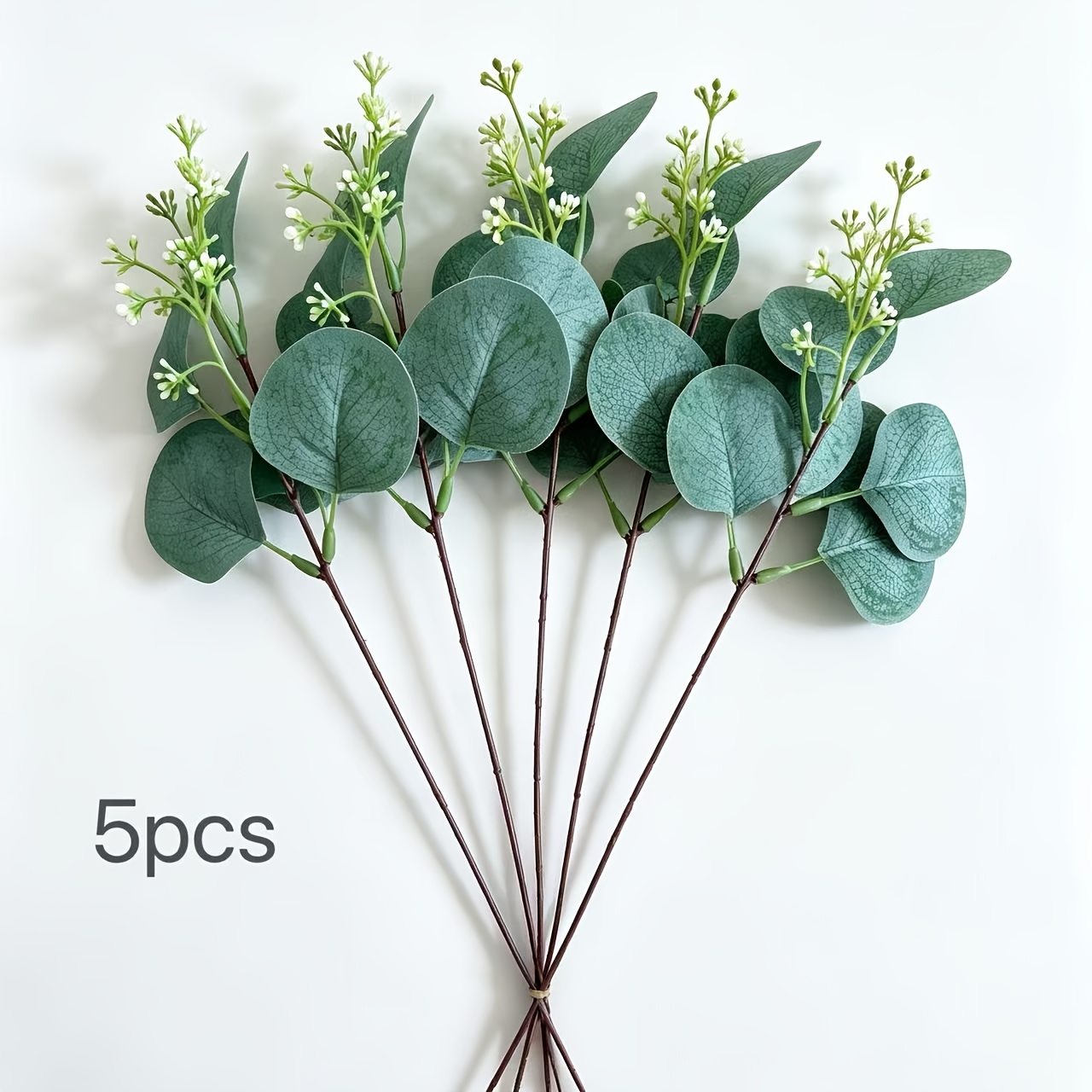 Image of 5 Artificial Eucalyptus Stems For Decorating Tables, Offices, Farmhouse Weddings, Kitchens, And Homes