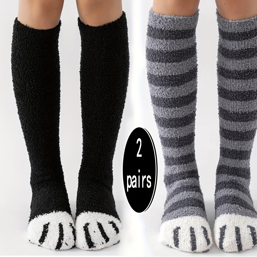 

Women's Winter Coral Fleece Socks With Cute Cat Paw Design, Striped Home Floor Socks, Calf-length, Knit Fabric, 90% Polyester 10% Spandex, Animal Pattern, 250gsm - Hand Wash/