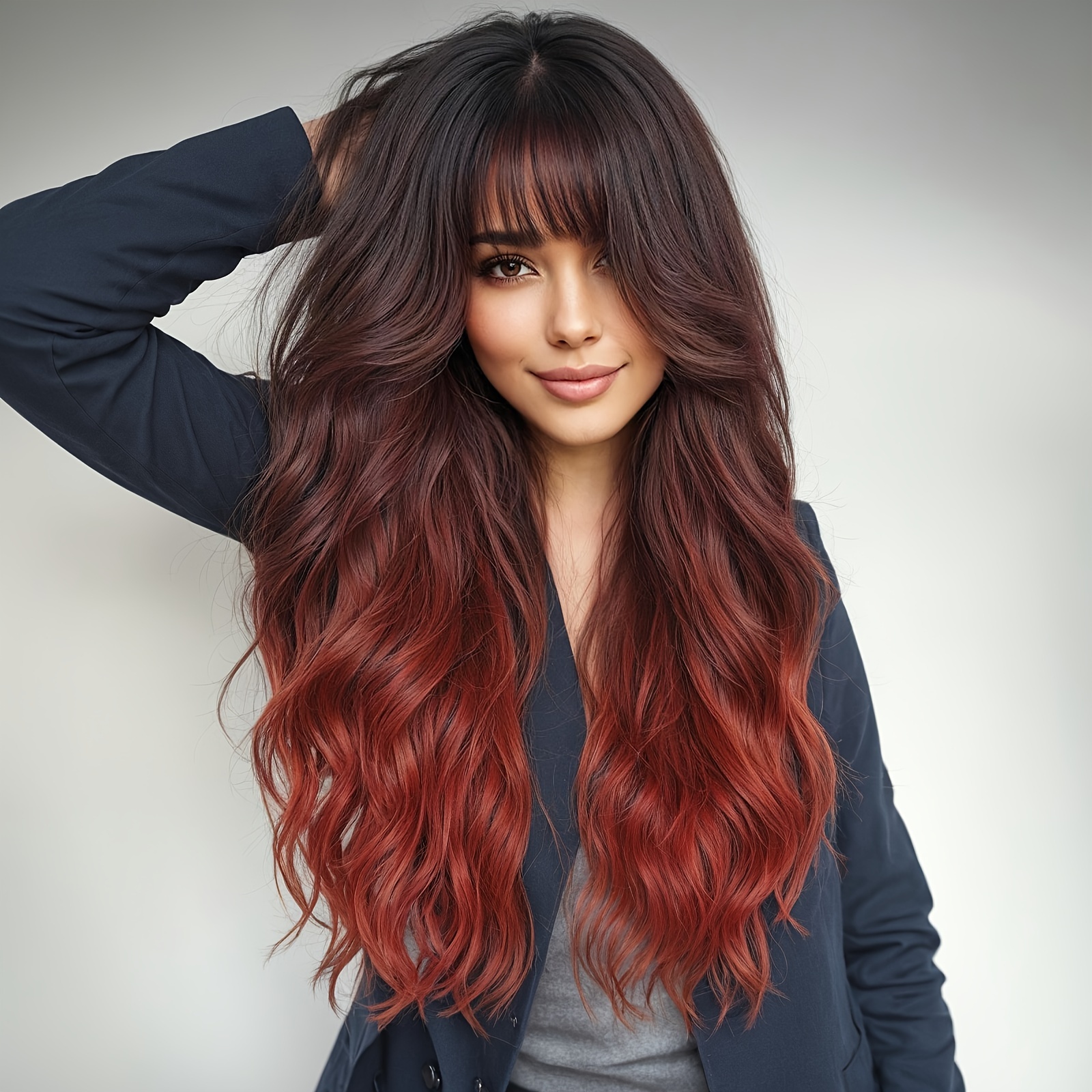 

Ombre Long Curly Wavy Wig With Bangs Synthetic Wig Beginners Friendly Heat Resistant Elegant For Daily Use Wigs For Women