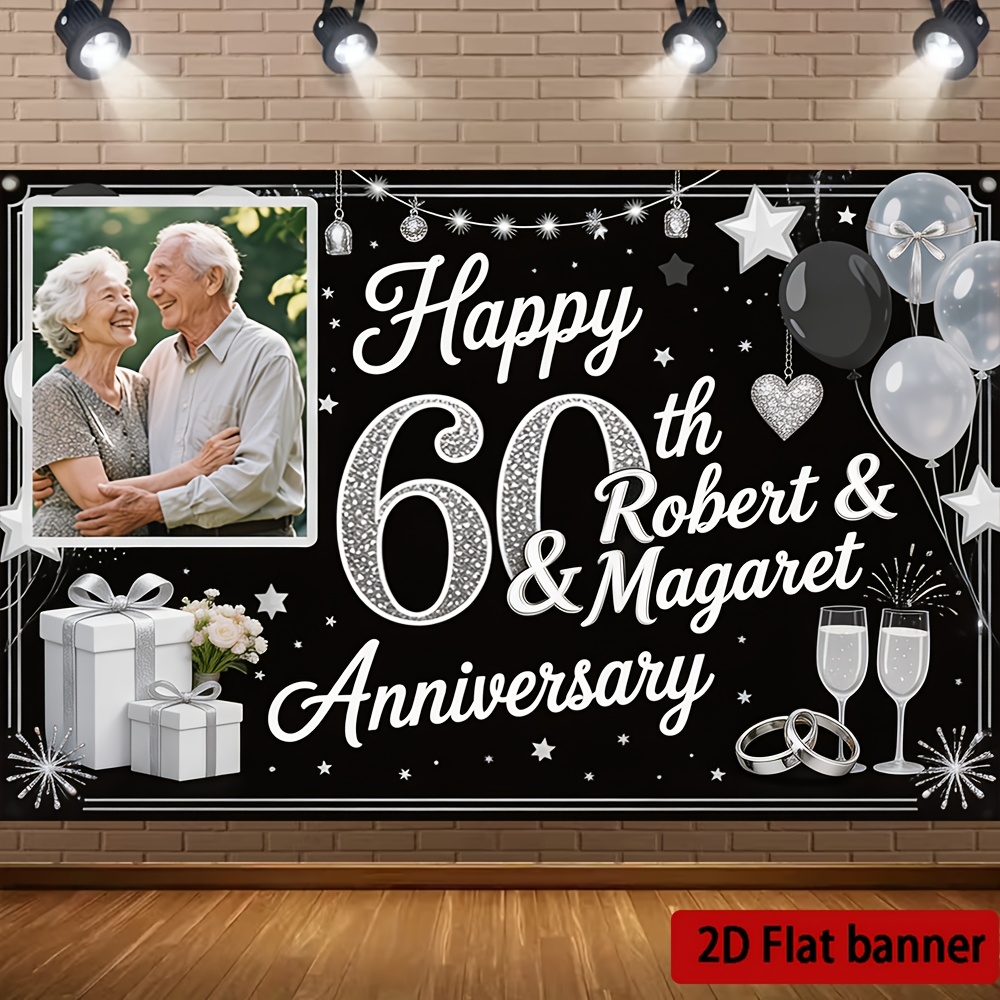 TEMU 1pc [custom] 2pcs Banner Customizable Name Robert And Margaret 60th Anniversary Wedding Decoration Banner, Black Background With Balloons,