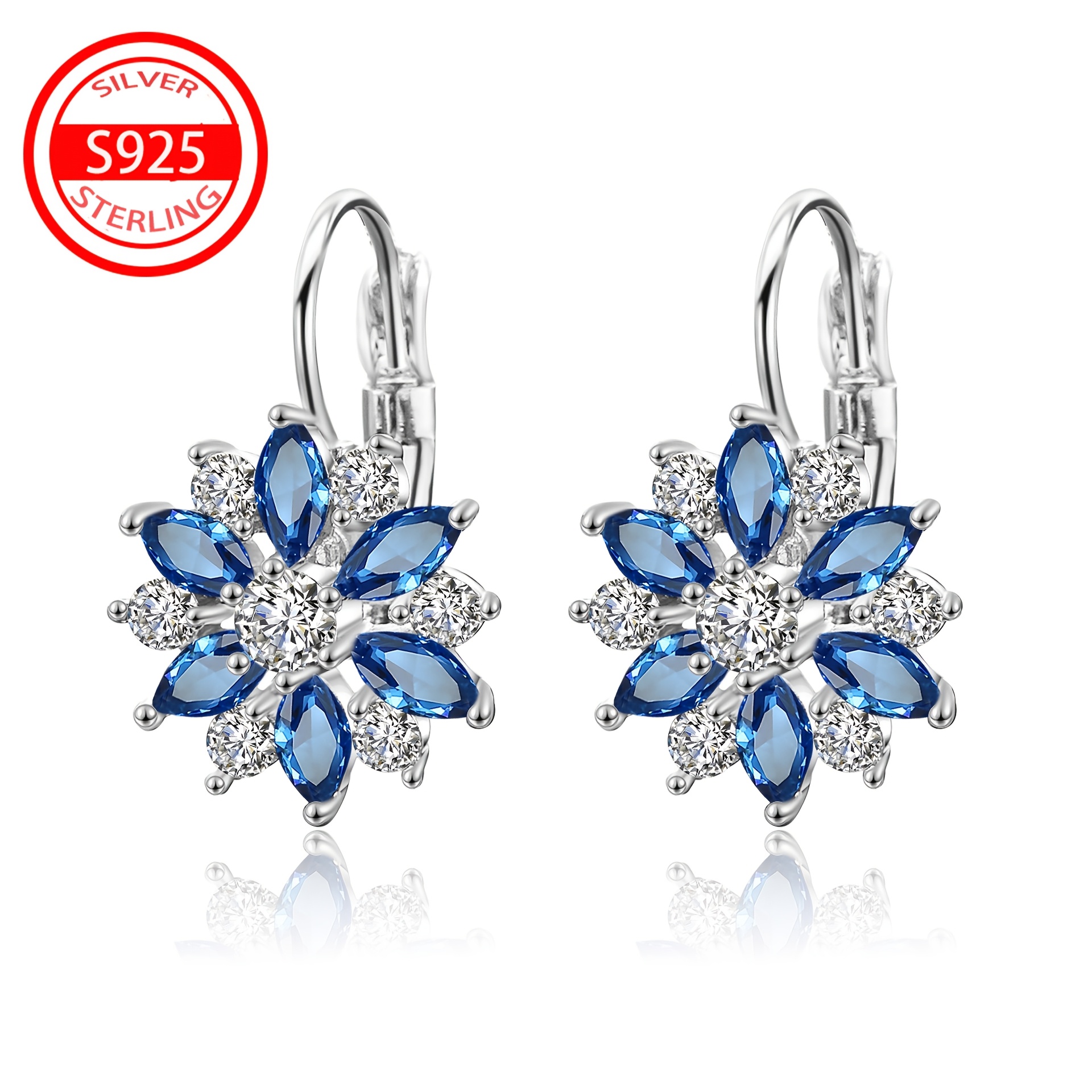 

Elegant S925 Sterling Silver Hoop Earrings With Blue & Clear Cubic Zirconia - Luxurious Design, Winter Events & Gifts, White, , Cold Style, Birthday & Anniversary Surprise