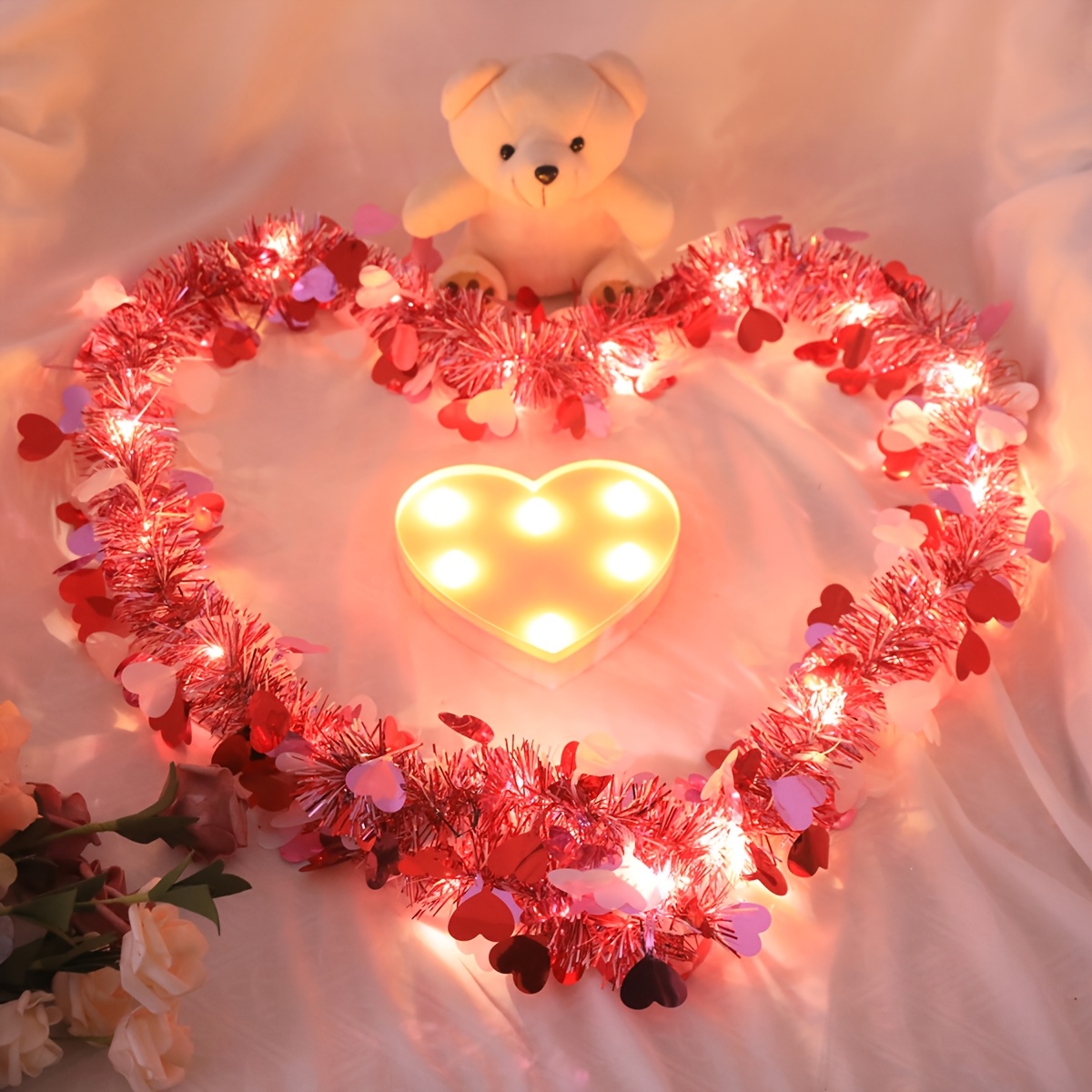 

2pcs Valentine's Day Heart White Tinsel Garlands Led String Lights, Ideal For Valentine's Day Indoor Outdoor Tree Wedding Christmas Day Thanksgiving Decoration - Battery Box (batteries Not Included)