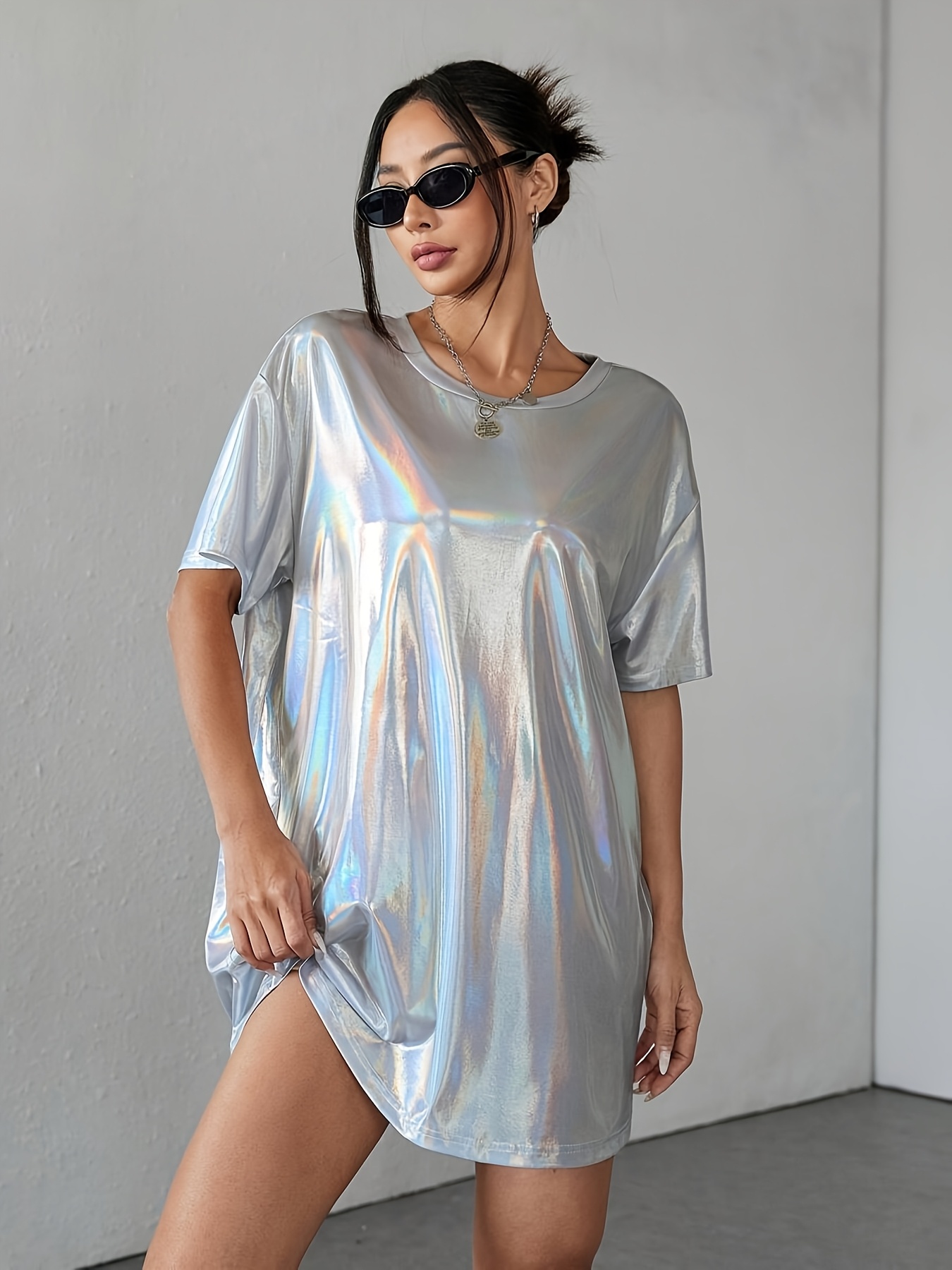 silver metallic t shirt dress fashionable oversized polarized coated t shirt dress summer