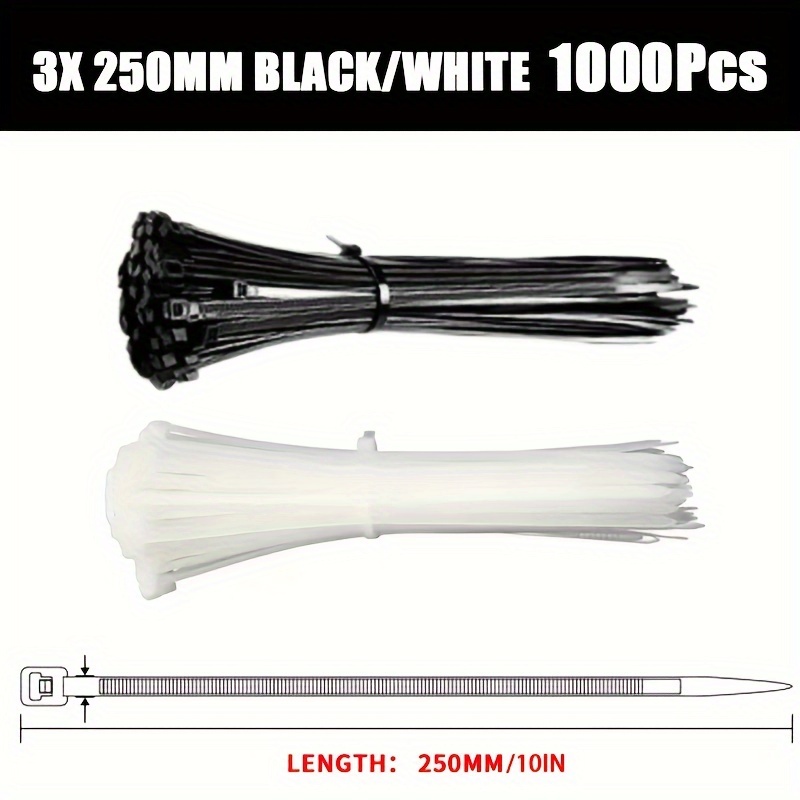 1000pcs Self-locking Nylon Cable Ties, Heavy Duty Snap Wire Organizer Cable Management Straps, Black And White Plastic Zip Ties