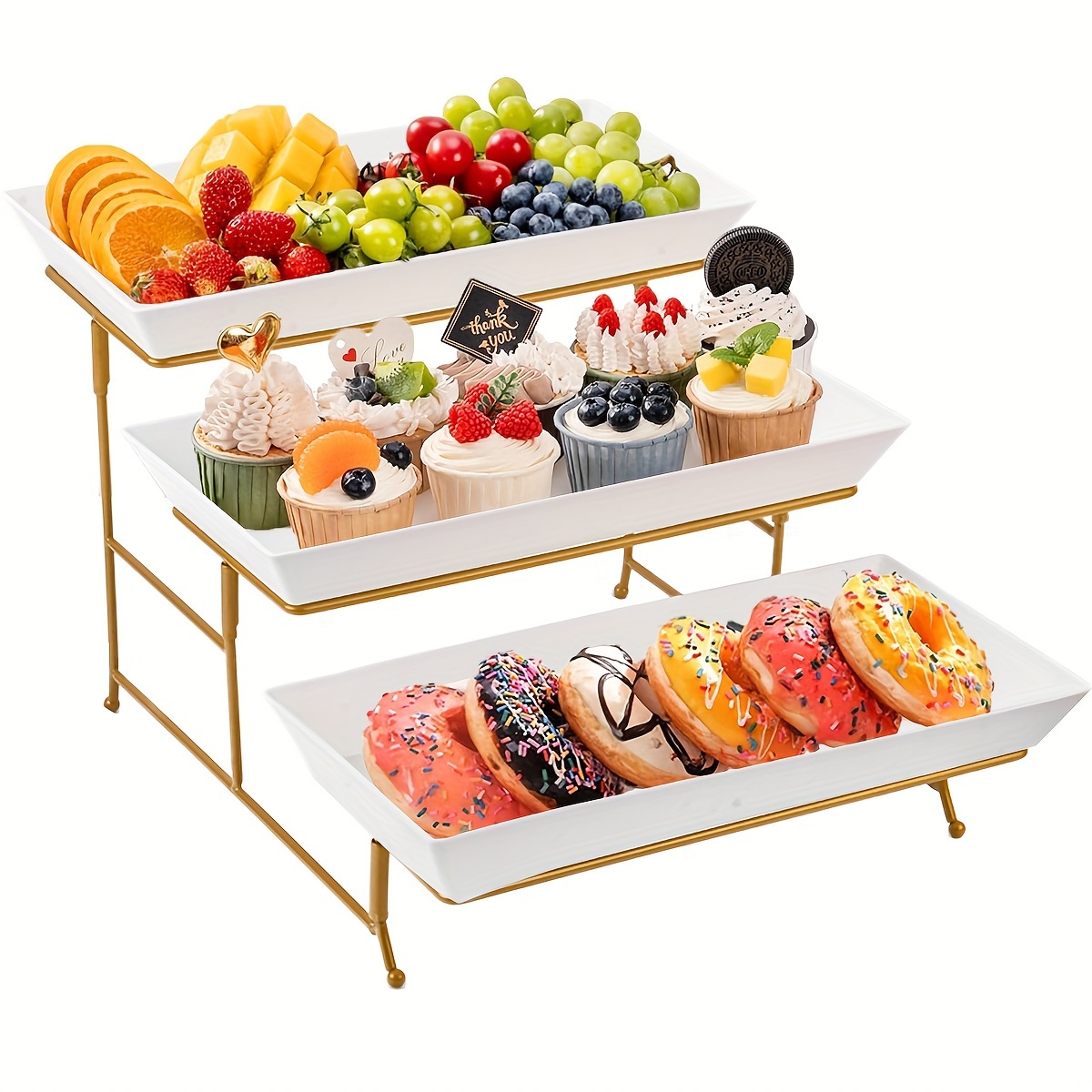 

1pcs 3 Tier Plastic Tray For Party Entertaining, 12 X 6 Inch Reusable Trays With Metal Stand Foldable And Stable For Vegetables, Fruits, Cookies, Desserts