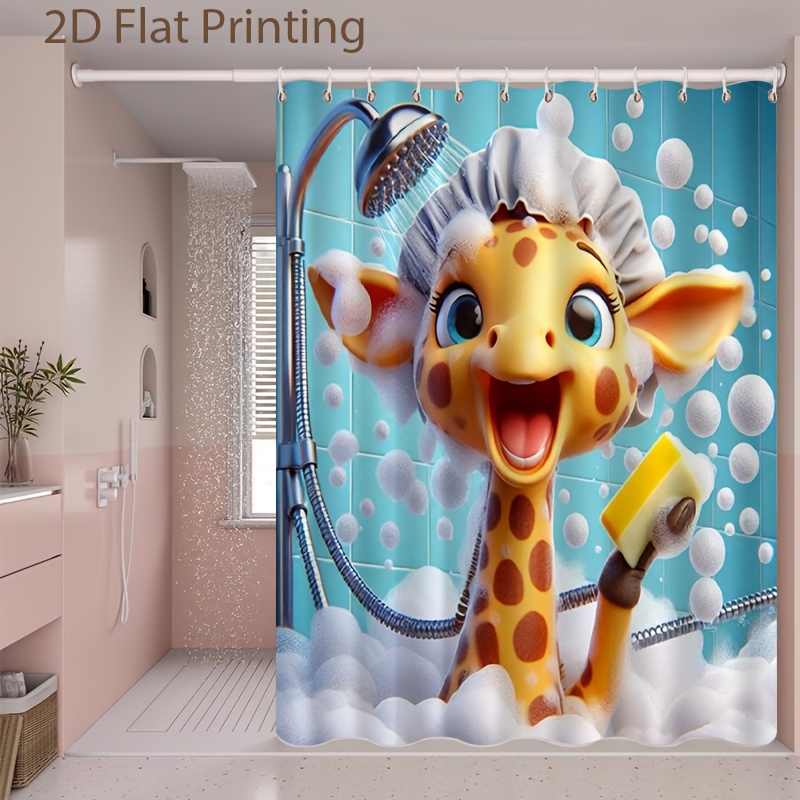 TEMU 2d Flat, 2d Flat 1pc Bathroom Curtain Shower Curtain Partition Curtain, Giraffe With Shower Cap And Sponge Bubble Bath Pattern, No Drilling