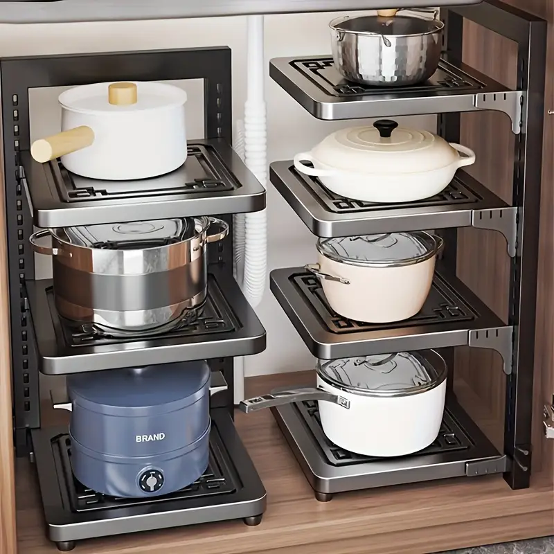 kitchen cabinet under sink pot and bowl storage rack heavy duty pot and bowl storage rack for under sink lid storage rack kitchen cabinet storage rack with 4 adjustable layers Product details 1