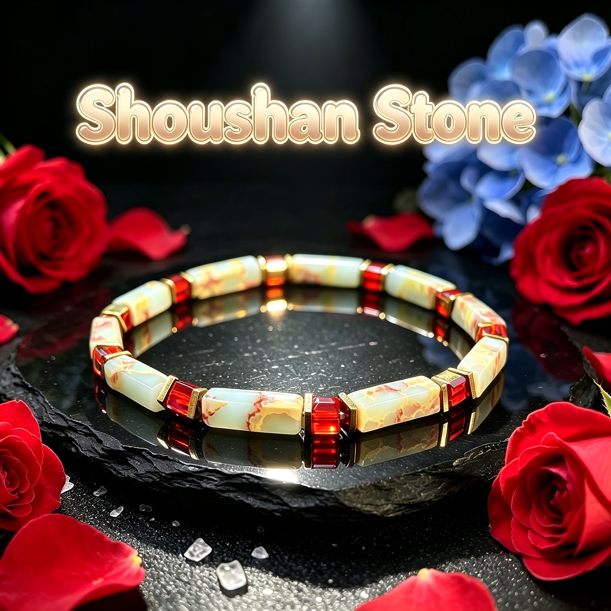 TEMU Natural Shoushan Stone Square Beaded Bracelet - Attracts Stable Wealth And , Bohemian-style Versatile Jewelry For Men And Women, A Light Luxury,