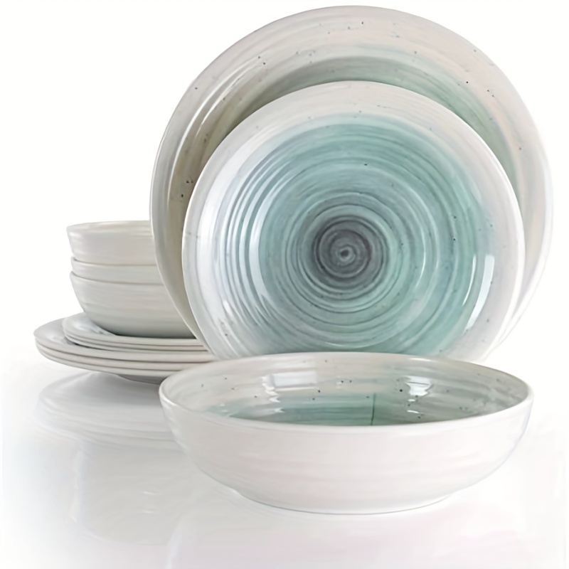 

12-piece Lightweight Melamine Dinnerware Set - 11.5'' Plates And Bowls - Shatter-resistant, Ribbed Texture, Light Blue Design - Ideal For Outdoor Dining And Everyday Use