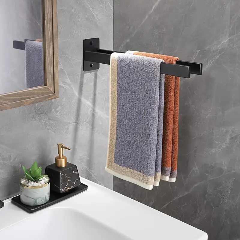 modern black stainless steel double towel rack 4 hook wall mounted towel holder for bathroom and kitchen matte 40cm length no drilling required modern towel holder durable construction towel rack for bathroom Product details 0