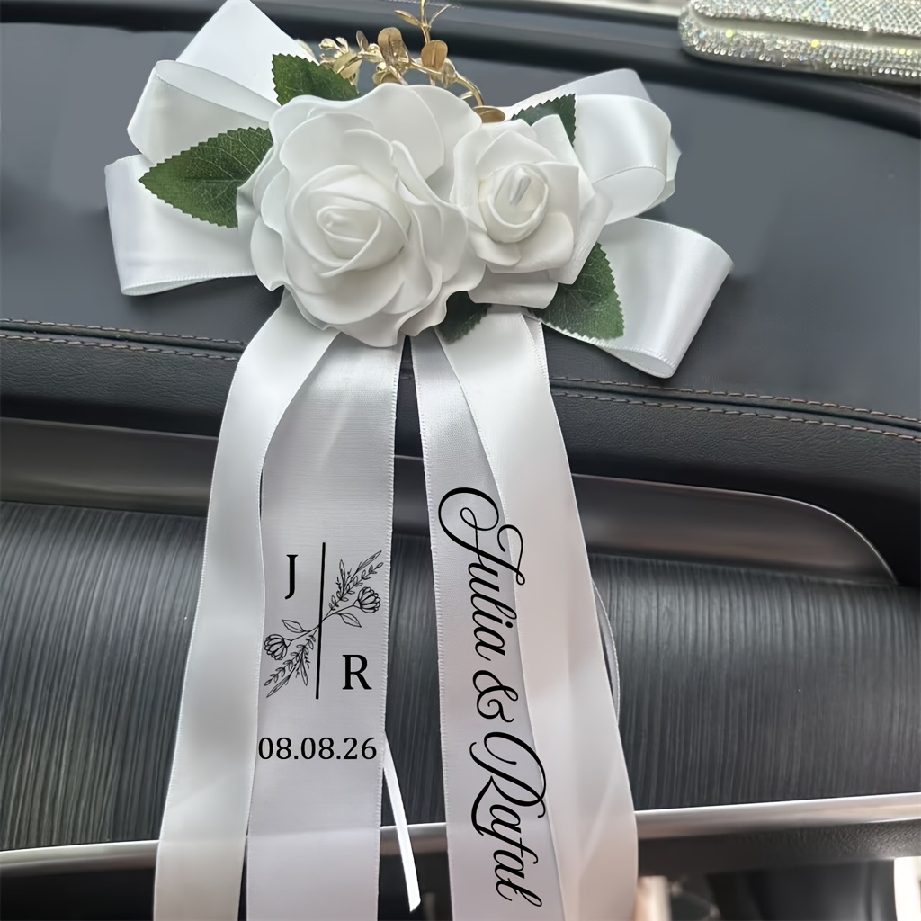 TEMU 1pc Custom European Wedding Car Bow Rearview Mirror Flower Wedding Decoration Door Handle Strap Rose Flower Artificial Flower Convoy Decoration