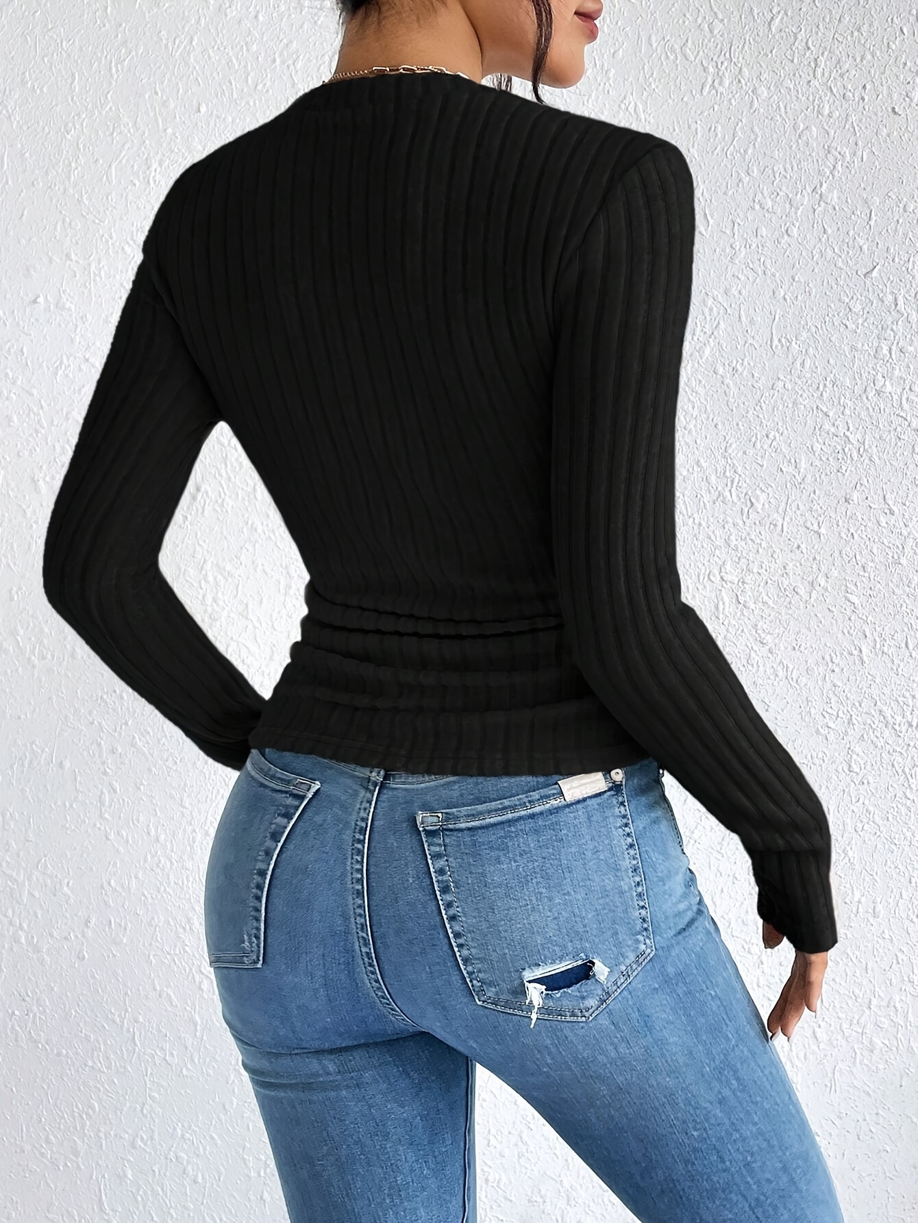Women's Elegant Ribbed Pullover Sweater - Solid Color Round Neck Long Sleeve, Medium Stretch Machine Washable Fall Winter Tops for Casual & Formal Wear, Sweater, Everyday Comfort Wear, Textured Fabric