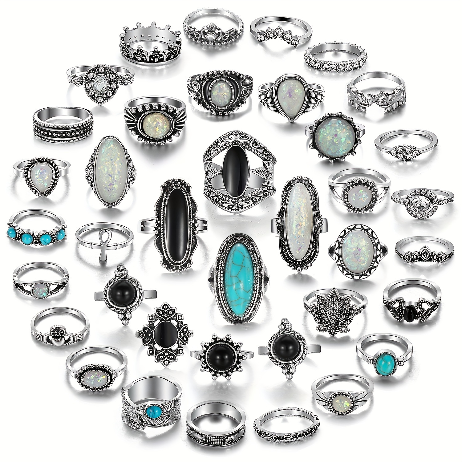 

39-piece Set Vintage Silvery Faux Turquoise Gemstone Tacked Rings, Bohemian Style Ladies' Stackable Statement Rings With Leaf And Heart Design Jewelry