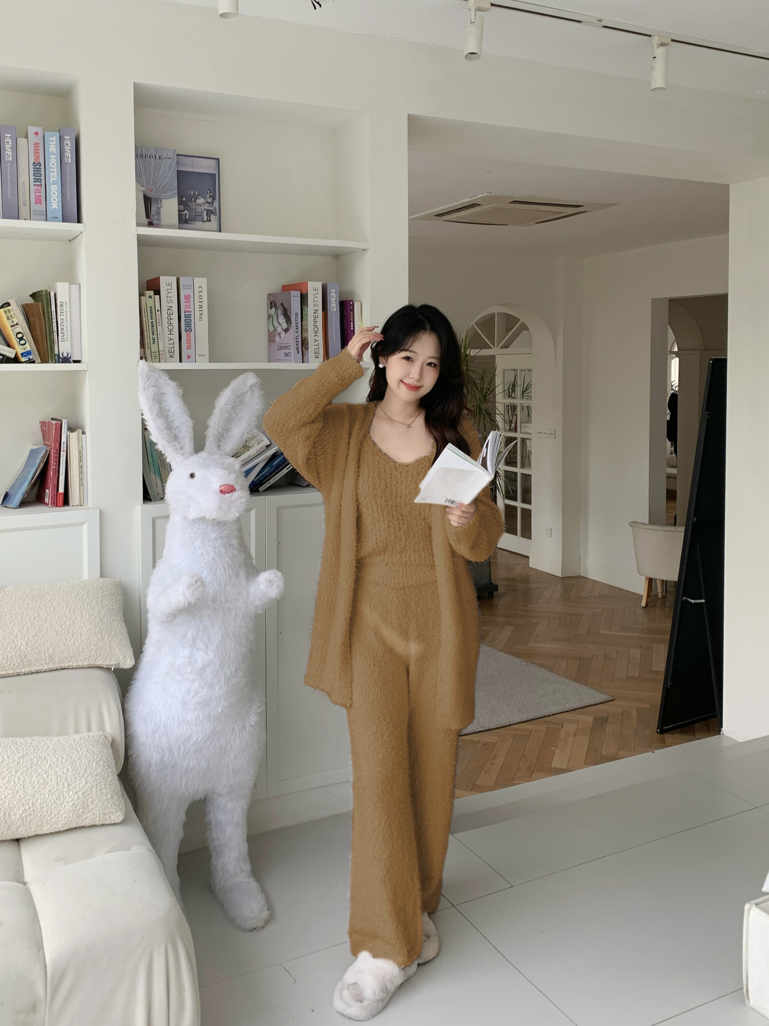 Casual Solid Fleece Pajama Set Soft Warm Long Sleeve Open - Temu
