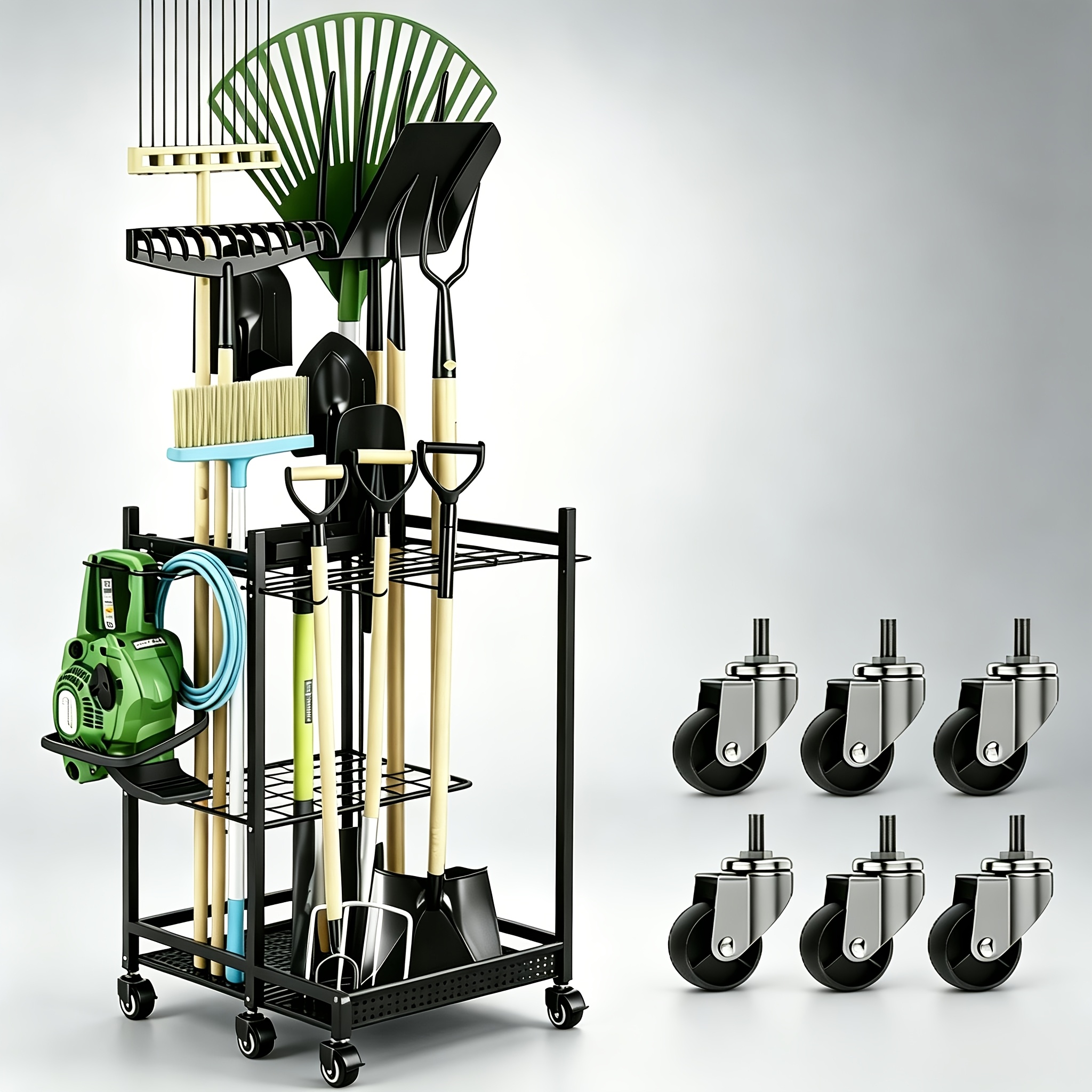 1 Multifunctional Hook Storage Rack With 6 Rollers, Metal Tool Rack For Long Tools, Garage Tool Rack For Storing Tools, Shovel And Cleaning Tools, Sturdy And Durable, Utility Shelves