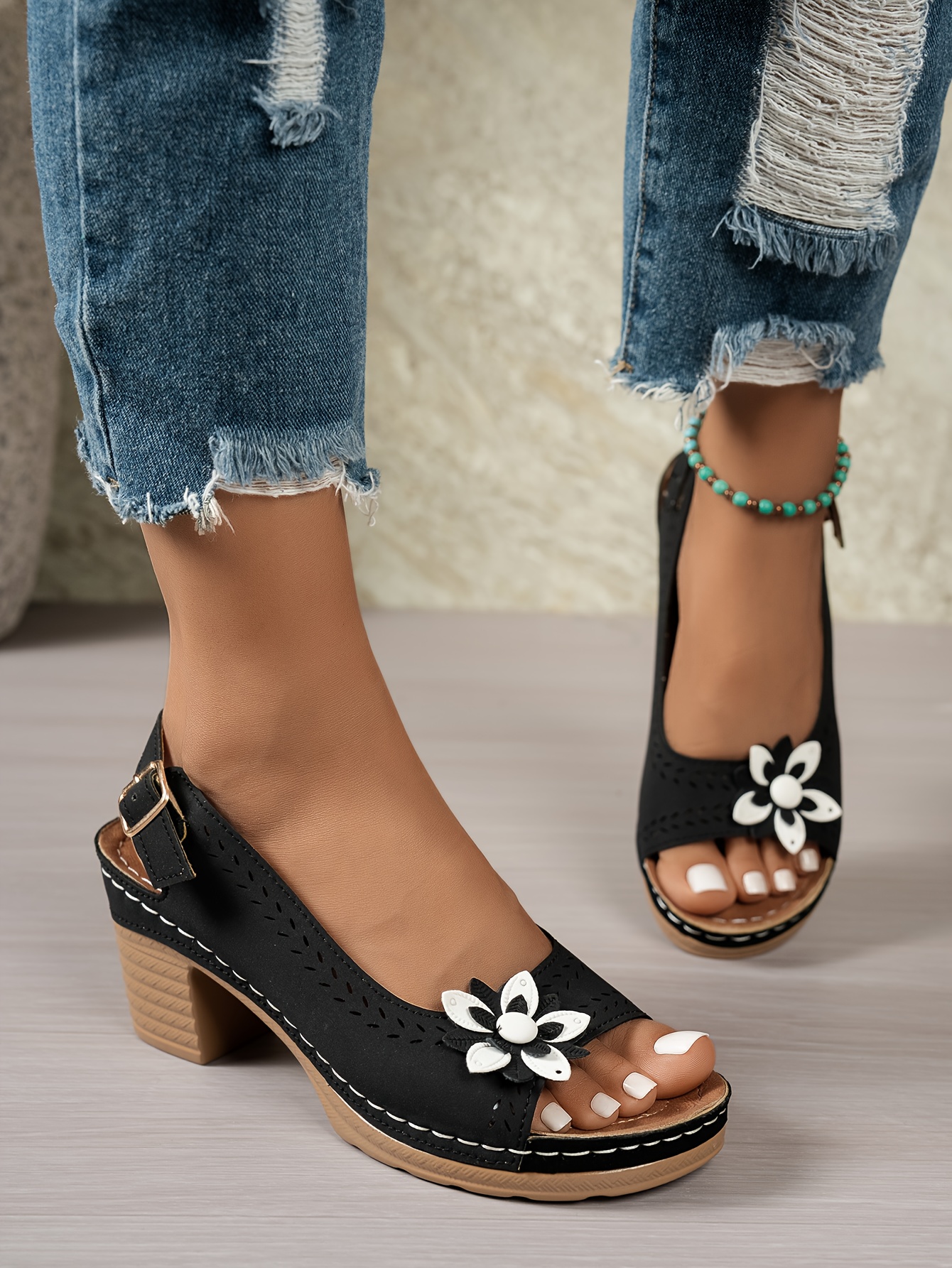 womens slip on roman bohemian high heel sandals chunky platform heels with floral cutout   toe summer   in black white   synthetic cover pu sole for casual semi formal outfits Product details 1