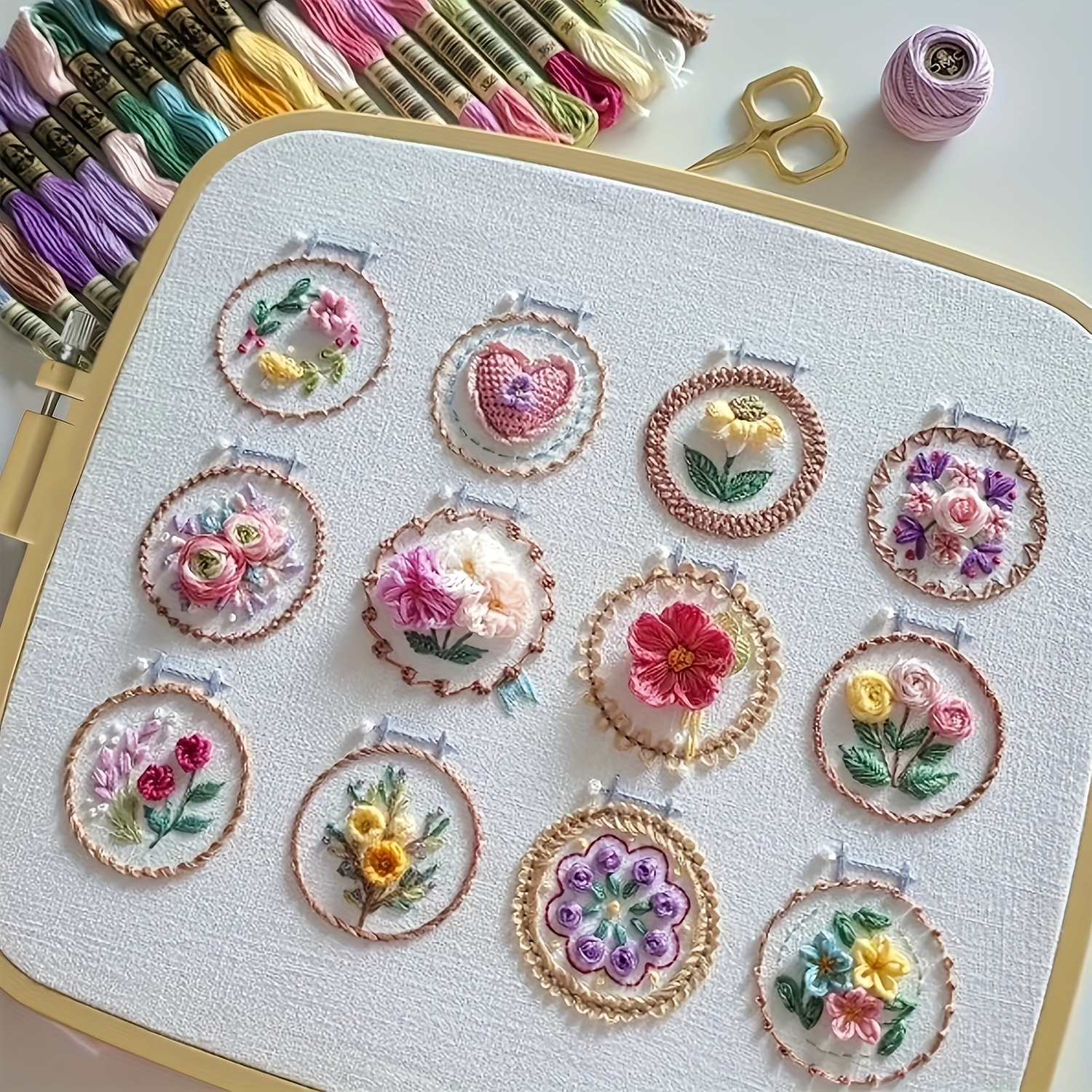 

Floral Embroidery Kit, Diy For Adults, Beginner's Guide With 12 Different Stitches, 3d , Mixed Color , With All Flower Theme For White Cloth